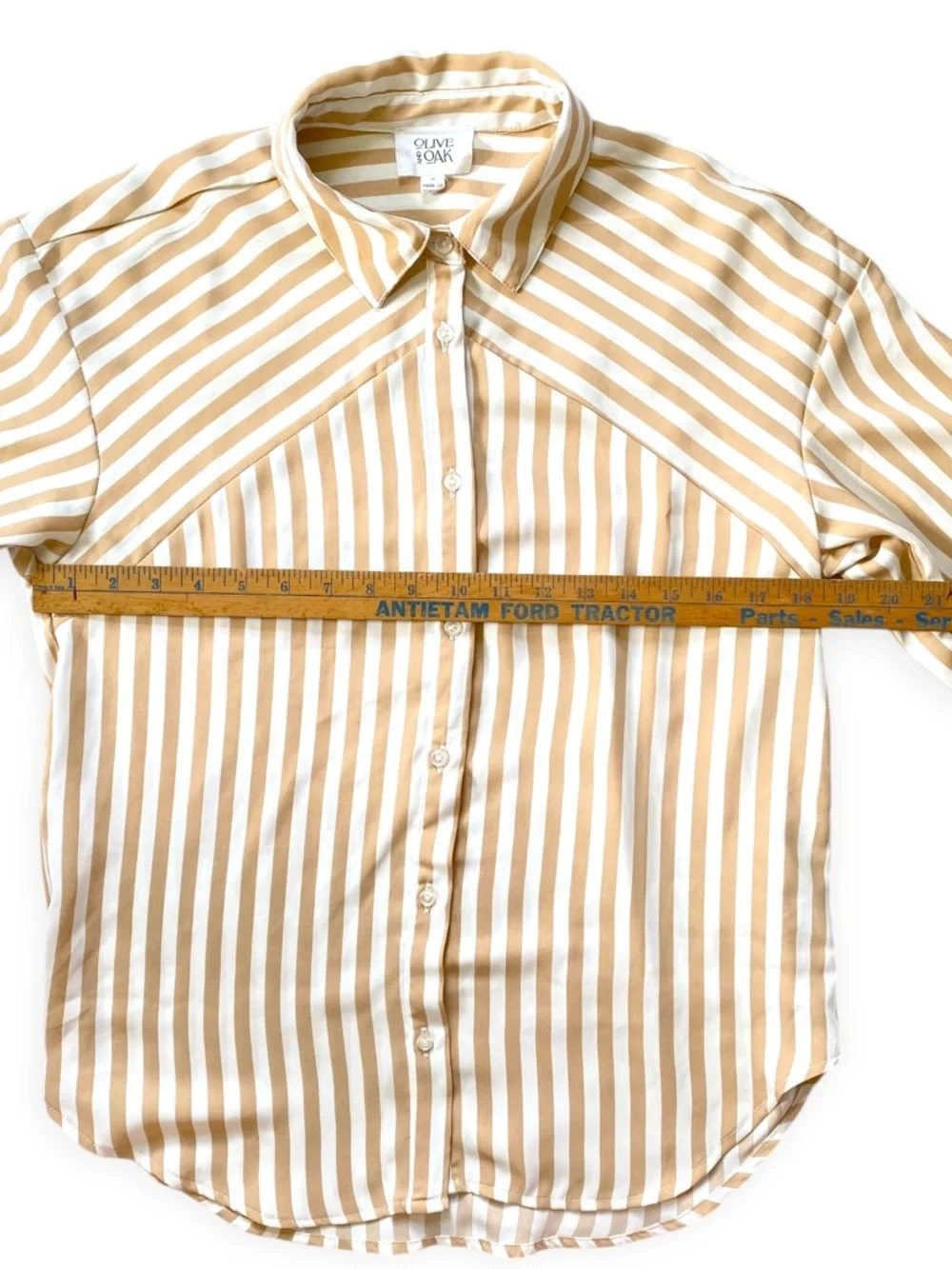 Olive & Oak Tan White Striped Button Down Blouse Womens Small Long Sleeve - Picture 12 of 12